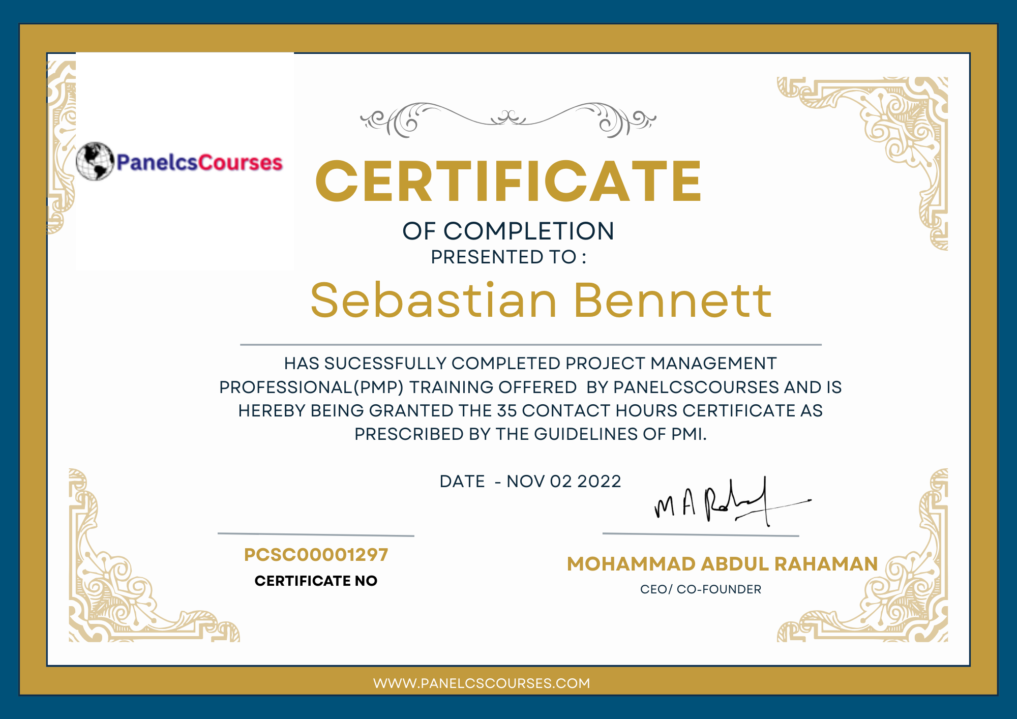 PMP Course Sample Certificate